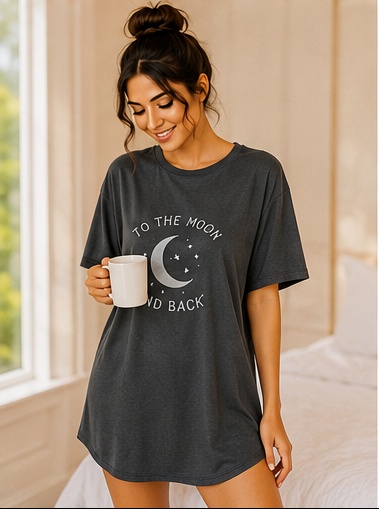 Women’s Charcoal Grey “To the Moon and Back” Printed Oversized Sleep T-Shirt